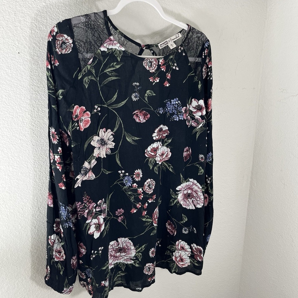 Gypsies & Moondust Top Blouse Women's XL Long Sleeve Floral Lace Elastic Wrist